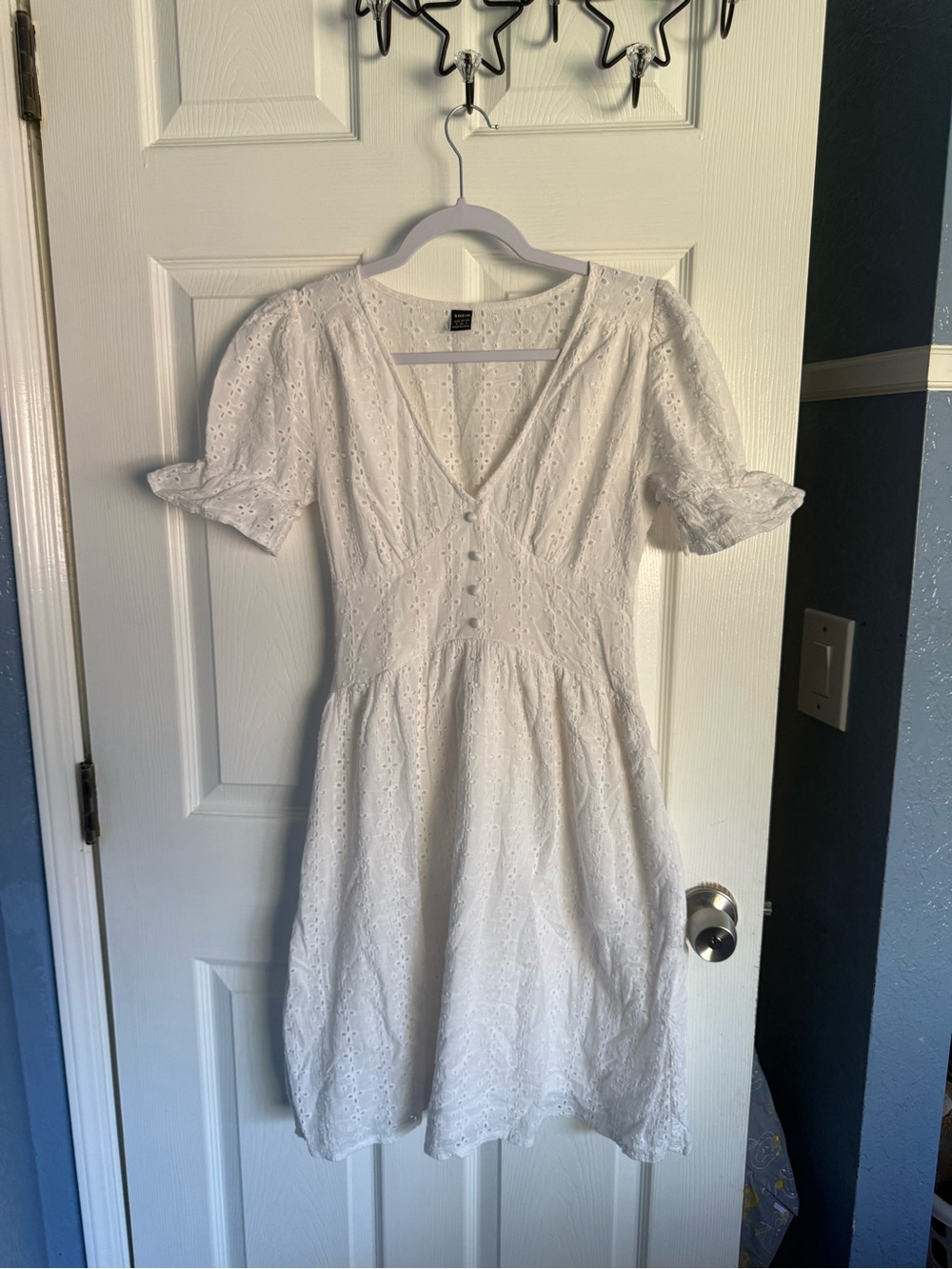 SHEIN White Eyelet V-Neck Midi Dress with Puff Sleeves